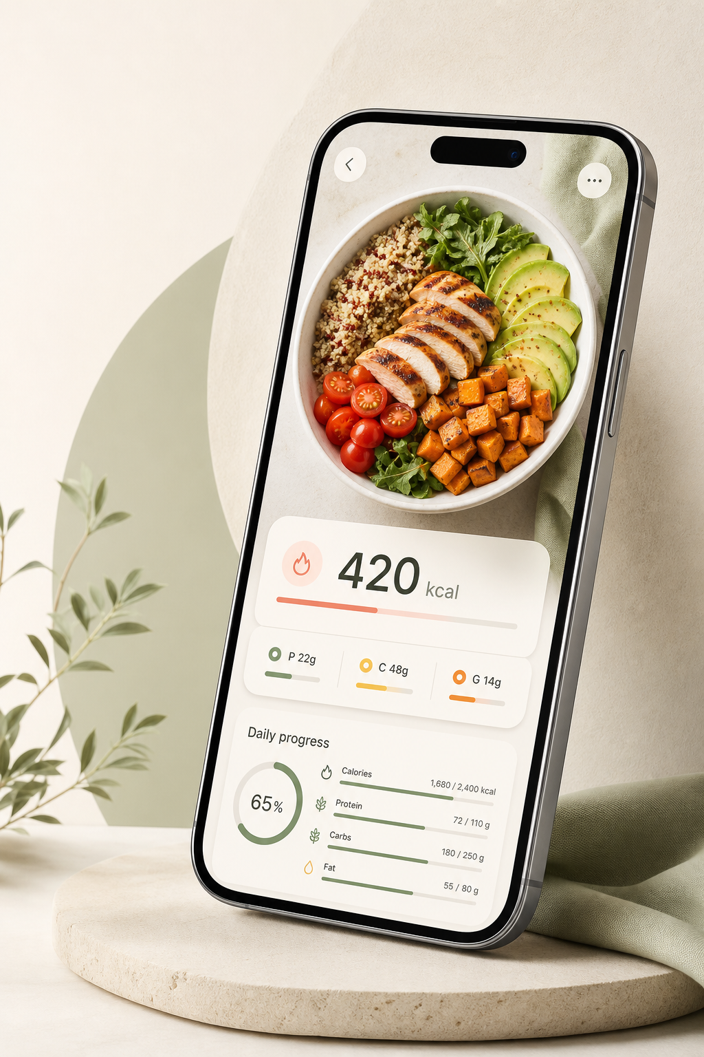 Visual de la app Biteva mostrando un análisis nutricional de una comida.